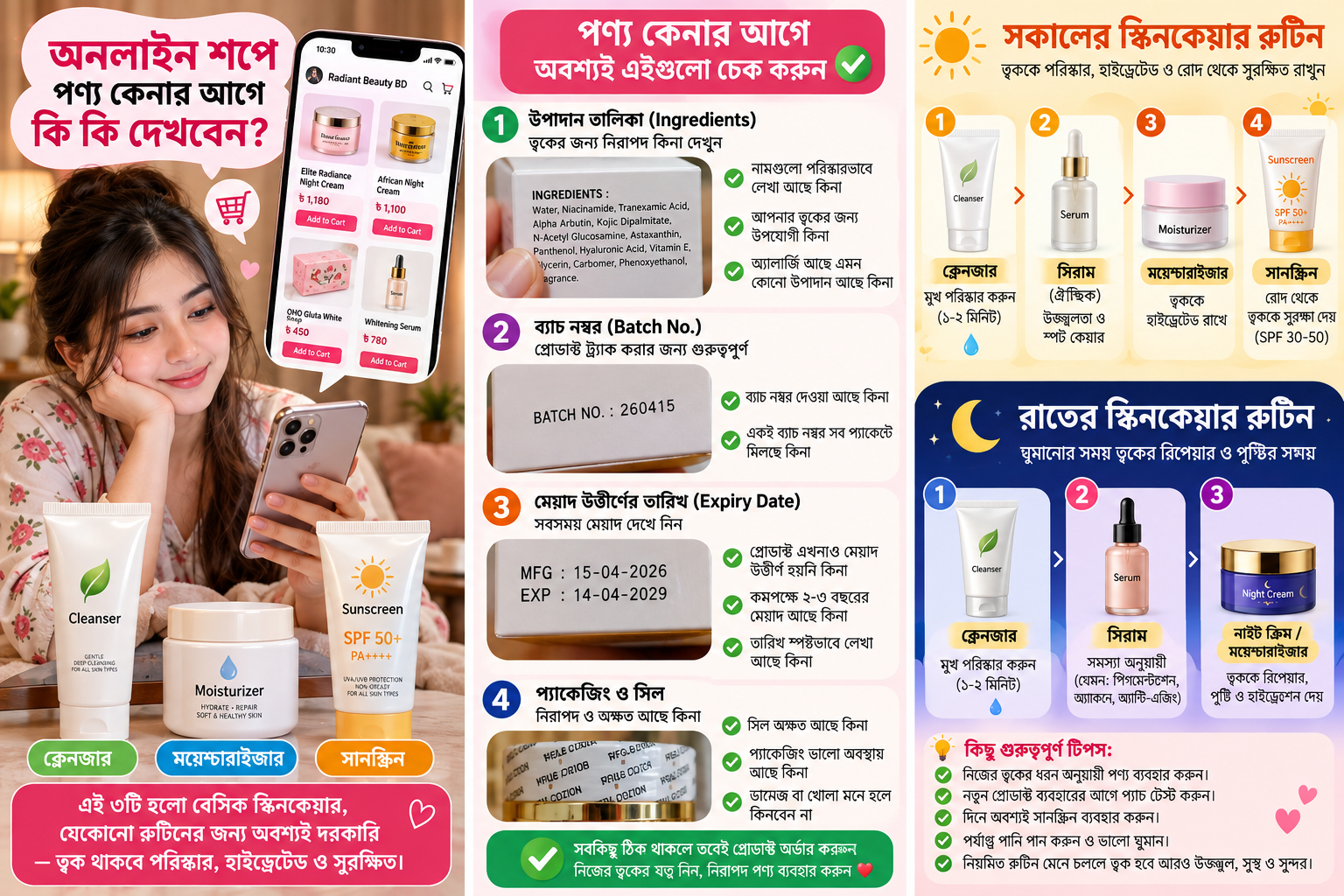 অনলাইনে স্কিনকেয়ার কেনার আগে ক্লেনজার, ময়েশ্চারাইজার ও সানস্ক্রিনের লেবেল যাচাই