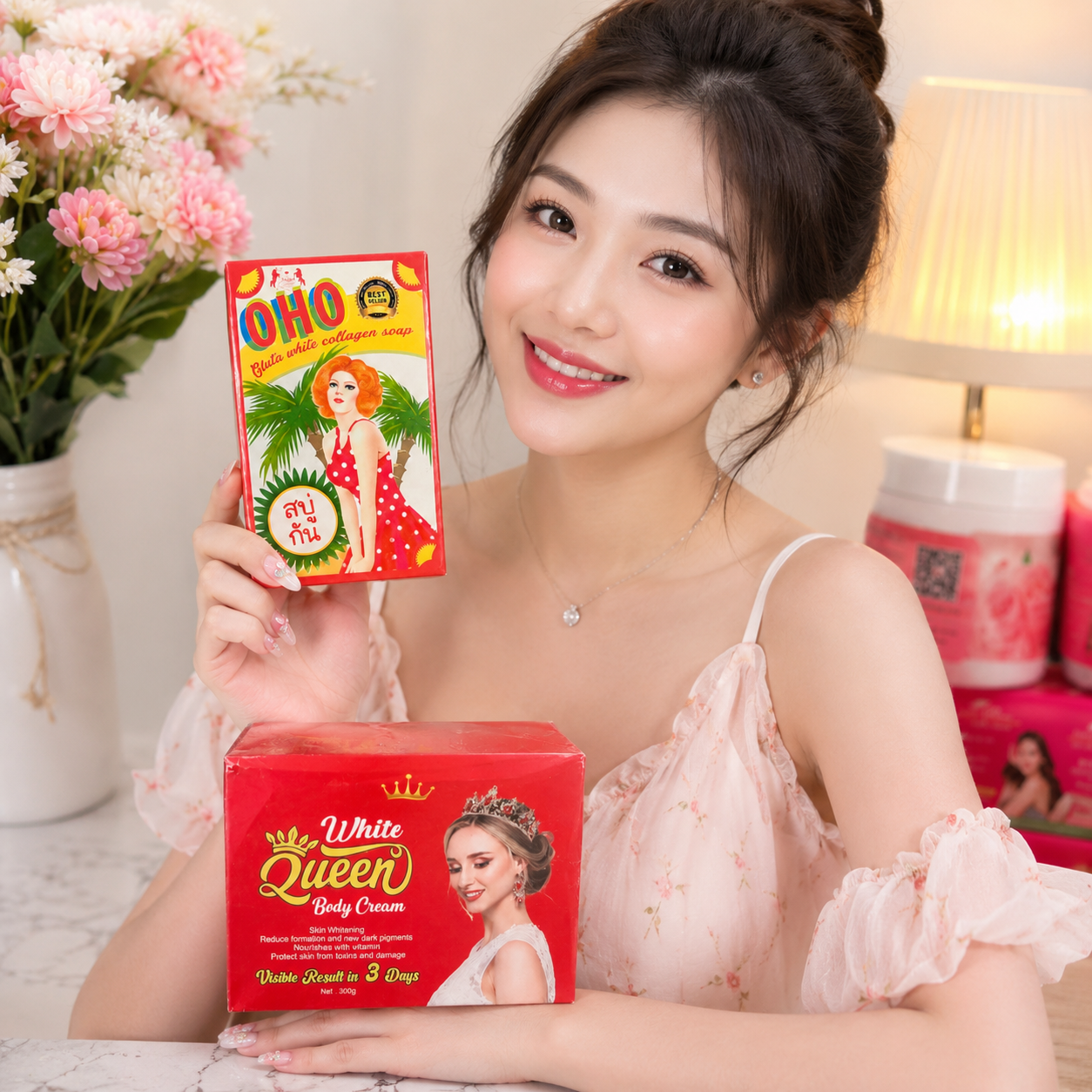 Queen Body Cream with OHO Gluta White Collagen Soap Combo