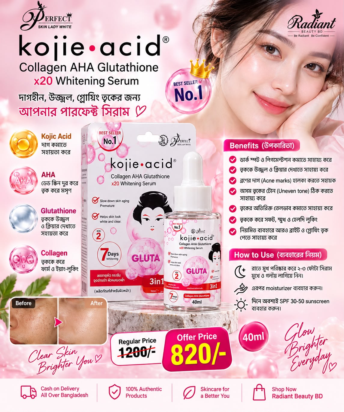 Perfect Skin Lady Kojic Acid Collagen AHA Glutathione X20 Whitening Serum 40ml
